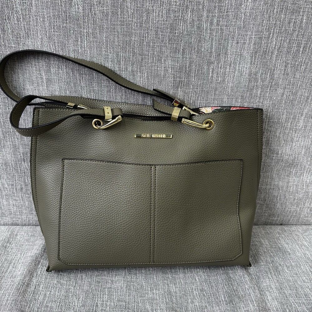 Steve Madden olive green Faux Leather Tote Bag Floral Interior Front Pockets